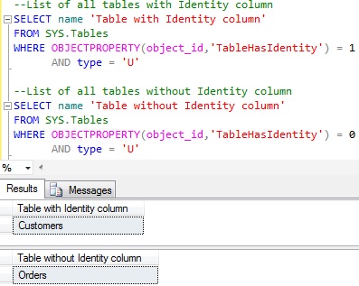 Sql List of Tables with or without Identity column
