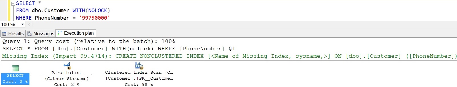 First Execution Plan without Index on PhoneNumber